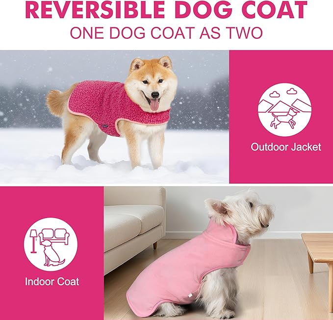 cyeollo Warm Dog Coat Sherpa Dog Winter Coat, Reversible Fleece Doggie Jackets Sweater Vest for Small Dogs Male with Leash Hole, Soft Cold Weather Pet Clothes, Fuchsia M