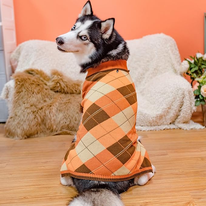 KOOLTAIL Fall Dog Sweater Pet Knitted Clothes - Classic Plaid Pullover Turtleneck Thanksgiving Dog Sweaters with Leash Hole, Thick Cold Weather Pet Outfits for Small Medium Large Dogs Cats Puppy L
