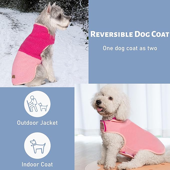 cyeollo Warm Dog Coat Sherpa Dog Winter Coat, Reversible Fleece Dogs Jackets Sweater Vest for Small Medium Dogs Male with Leash Hole, Soft Cold Weather Pet Clothes, Rose Red XL