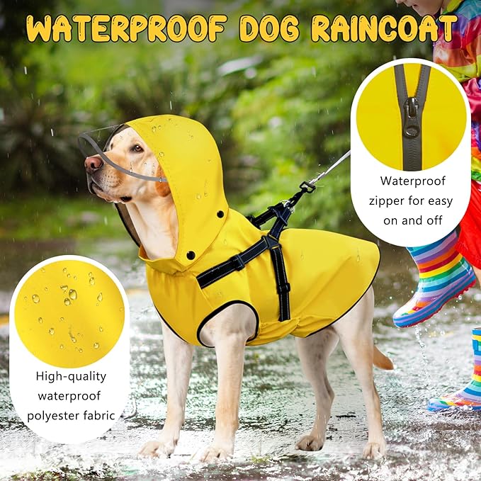 Dog Raincoat: Dog Rain Jacket with Reflective Harness & Removable Hood | Waterproof Dogs Rain Coat Poncho for Large Medium Small Dogs Puppies (Yellow - XL)