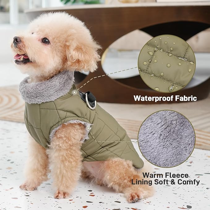 Warm Fleece Dog Coats with Durable Harness Buitl in D-Ring,Waterproof Doggie Jacket for Large Dogs,Dog Vest for Cold Winter,Green XXL