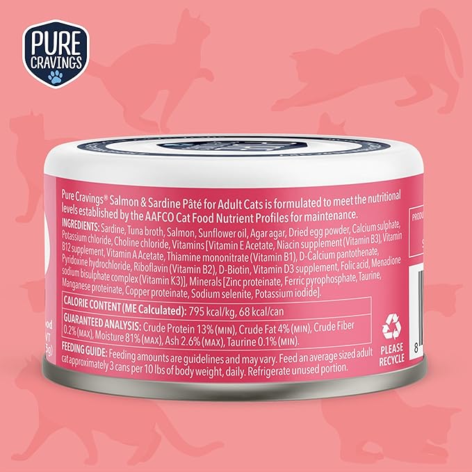 Pure Cravings Salmon and Sardine Pate, Canned Wet Cat Food, 100% Mercury-Tested, Moist Can Fish, Grain-Free Protein, Non-GMO, 12 Pack