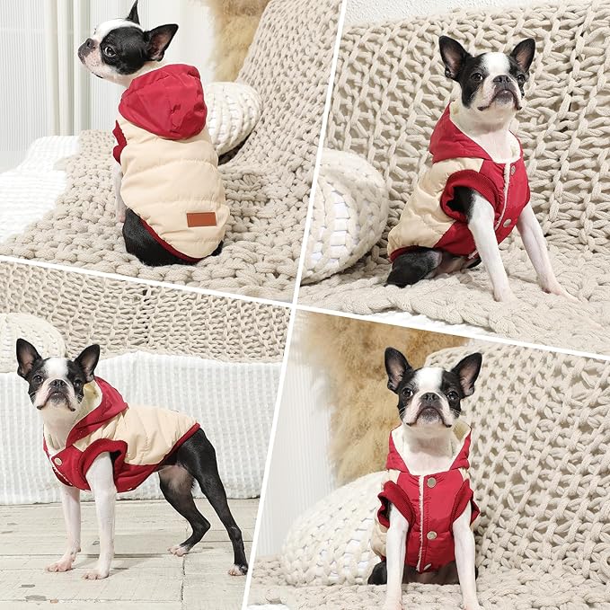 Fleece Lining Extra Warm Dog Hoodie in Winter for Large Dogs Jacket Pet Coats with Hooded,Beige and Red XXXL