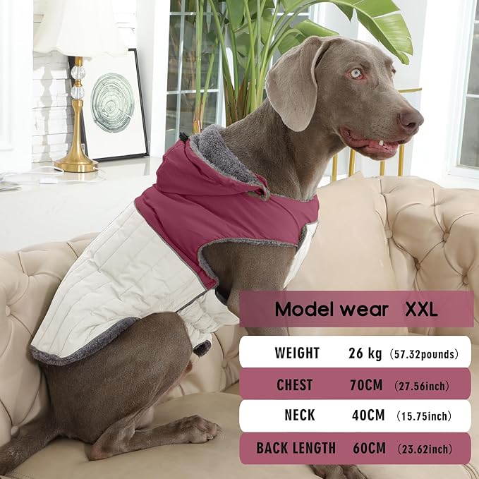 Detachable Hooded Dog Coat with Harness for Large Dogs,Super Warm Fleece Puppy Jacket for Cold Winter Doggie Coats,Red XXL