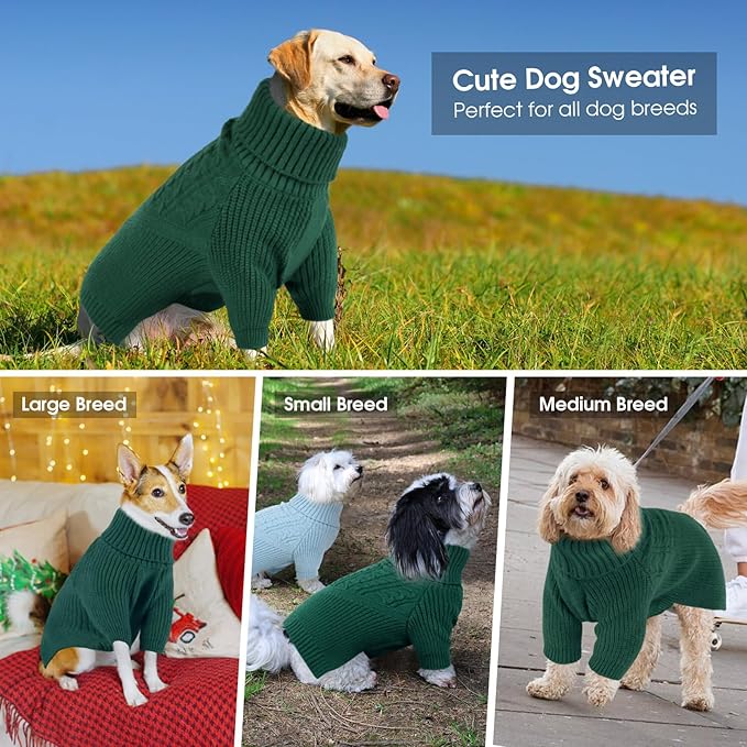 Queenmore XXL Dog Sweater, Dog Sweaters for Large Dogs Girl or Boy, Dog Christmas Sweaters XXL, Winter Big Dog Sweatshirt Knitwear, Pet Chunky Warm Coat for Small Medium Size Dogs, Green XXL