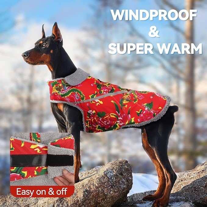 VIVAGLORY Snowrap Dog Coat, Jacket with Harness Hole & Velcro Closure, Dog Coat for Winter & Cold Weather, Fluffy Warm Fleece Lined Reflective Water Resistant for Puppy, S, Northeast Florals-Red
