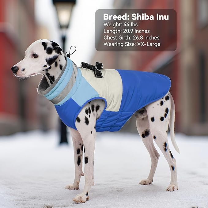 Dog Winter Coat, Reflective Dog Coats for Large Dogs, Waterproof Windproof Pet Clothes Jacket with Harness Built in, Warm Cold Weather Coats, Dogs Snowsuit Vest, Blue XX-Large