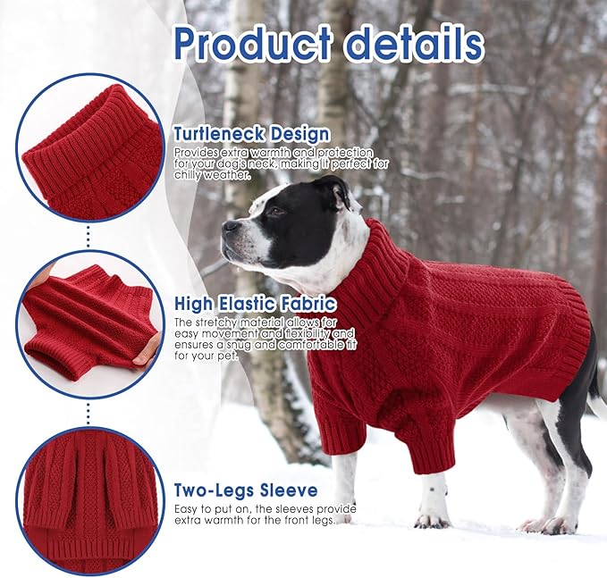 Queenmore XXL Dog Sweater,Large Dog Sweaters for Dogs Girls Boys,Xmas Turtleneck Pullover Sweaters for Large Dogs,Cold Weather Doggie Sweatshirt Knitwear for Golden Retriever,Labrador(Red,XXL)
