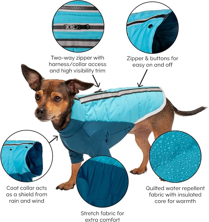 Furhaven Water-Repellent Large Dog Coat, Washable w/ Leash Access & Stretch Fabric - Pro-Fit Active Jacket - Aquamarine, Large