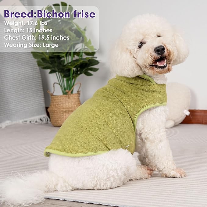 cyeollo Warm Dog Coat Fleece Sherpa Winter Sweater Coats, Turtleneck Dog Jacket Vest for Small Medium Large Dogs with Leash Hole, Soft Reversible Pet Coats for Cold Weather, Green, L
