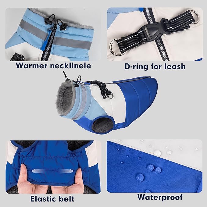 azuza Dog Jacket for Small Dogs Waterproof Dog Coat with Reflective Strips and Harness Built in Warm Fleece Dogs Winter Coat Windproof with Back Zipper, Blue M