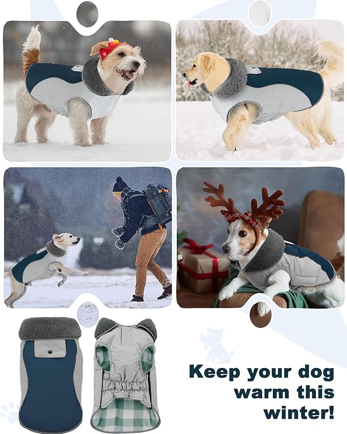 Doglay Dog Jacket Waterproof Dog Coat, Reflective Cold Weather Winter Coat, Adjustable Turtleneck Fleece Puppy Snow Jacket with Harness Hole for Small Medium Large Dogs