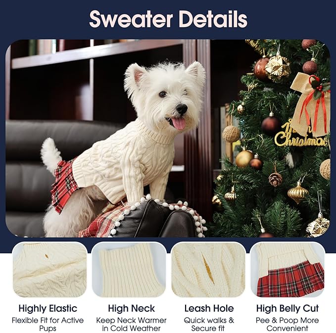 IECOii Girl Dog Sweater Dress - Cable Knit Dog Sweater for Medium Dogs Girl, Beige,Large - Turtleneck Winter Sweaters with Leash Hole, Soft & Stretchy Adorable Dress for Thanksgiving Christmas Photo