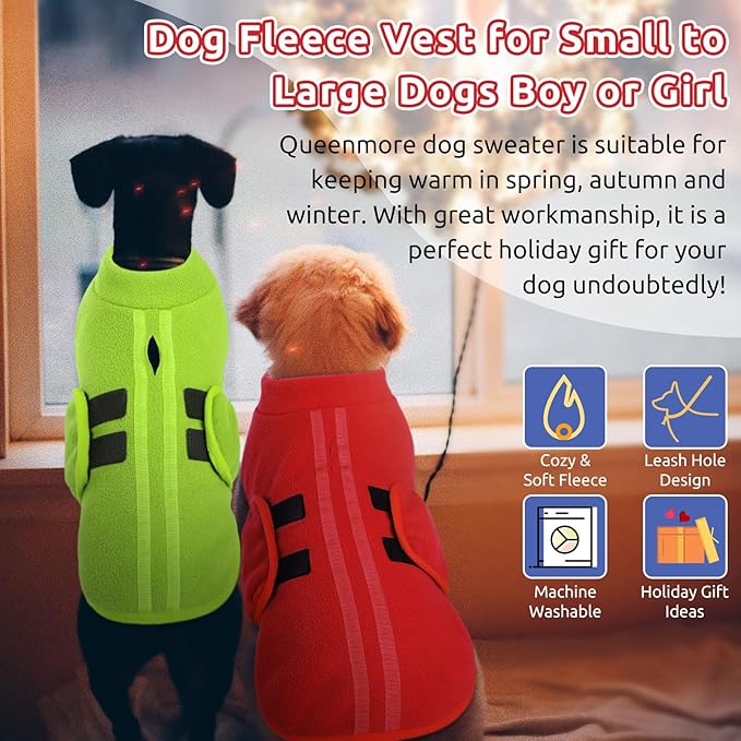 Queenmore XL Dog Sweaters, Soft Fleece Vest Pullover Dog Jacket with Leash Hole, Warm Winter Dog Clothes Cold Weather Doggy Dachshund Sweater for Large Dogs Cats Boy or Girl (Green, XL)