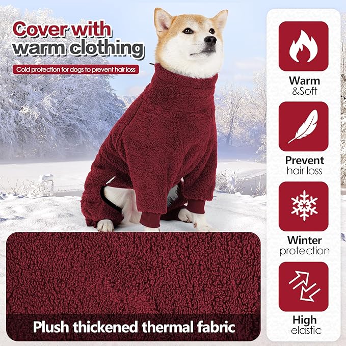 Dog Winter Coat, Warm Fleece Dog Jacket, Windproof Pullover Jumpsuit, Full Body Pajamas Onesie, Cold Weather Clothes for Medium Large Dog(Mediuml,Red)