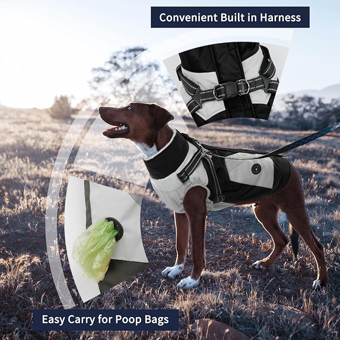 IECOii Dog Coat with Harness Built in - Black, Large - Waterproof Winter Coat, Fleece Lined Snow Jacket for Dogs
