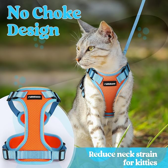 rabbitgoo Cat Harness and Leash Set, Escape Proof Soft Adjustable Vest Harnesses for Outdoor Walking, Easy Control Breathable Kitten Jacket with Reflective Strips, Orange & Light Blue, XXS