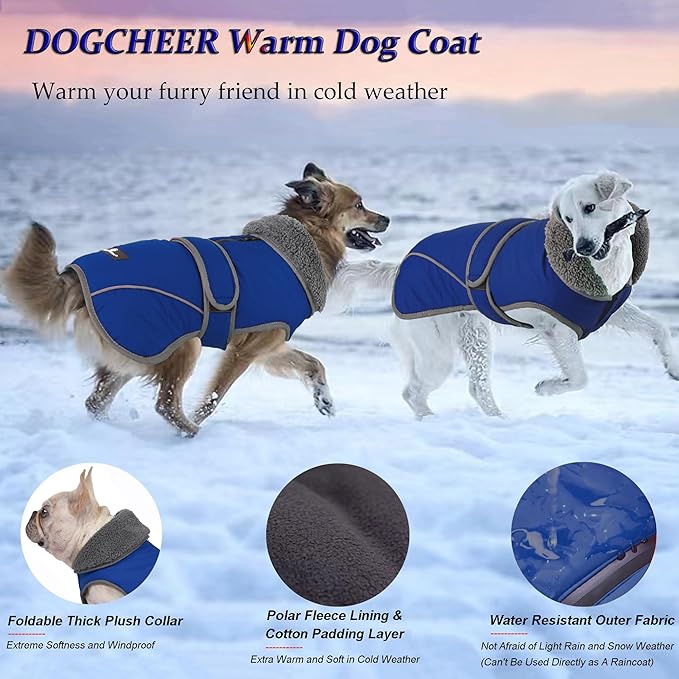 Dogcheer Dog Coat, Waterproof Dog Jacket Reflective Pet Winter Coat with Adjustable Hook & Loop, Christmas Puppy Fleece Jacket Warm Turtleneck Snowsuit for Small Medium Large Dogs - Blue, 2XL