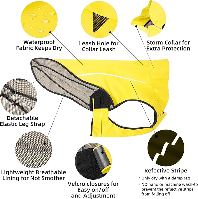 Mile High Life Dog Raincoat, Adjustable Waterproof Reflective Rain Jacket for Small Medium Large Dogs, Lightweight Breathable Pet Rain Coat with Leash Hole(Yellow,S Chest 22-25")
