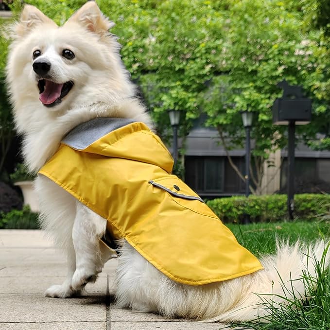 Small Dog Raincoat Dogs Rain Jacket Reflective Poncho Rainwear Waterproof Pet Clothes Warm Lined Pocket Hooded Leash Hole Adjustable for Puppy,Yellow,S,Back Length 8.3 Inch