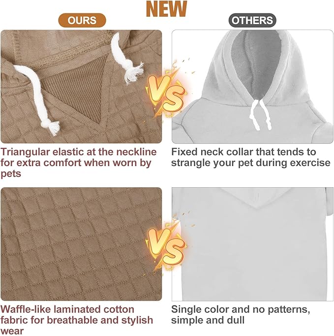 BEAUTYZOO Small Dog Hoodie Sweater with Pockets, Dog Clothes for Small Medium Dogs Boy Girl, Waffle-Like Laminated Cotton Pet Coats with Hat and Leash Hole, Khaki S