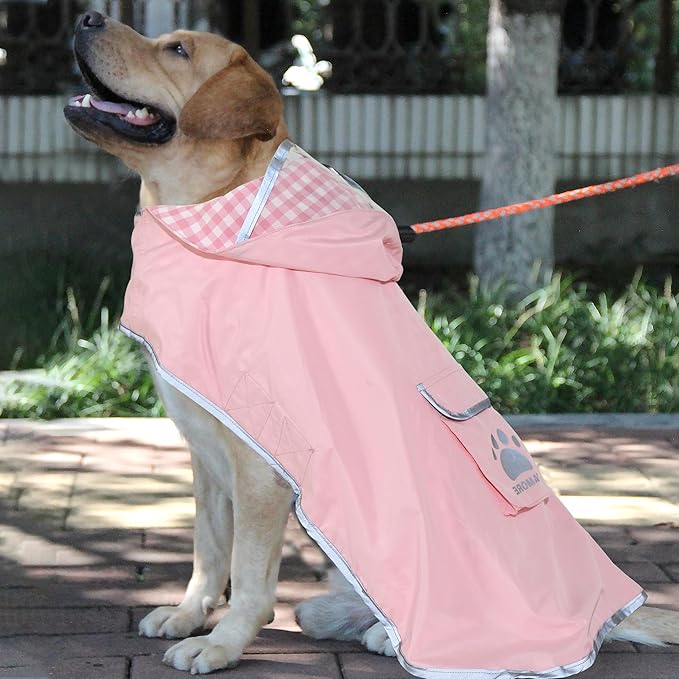 MAMORE Dog Raincoat Reversible,Waterproof Dog Rain Coat Hooded Slicker Poncho with Reflective Strip, Plaid Double Layer Rain Jacket for Small Medium Large Dogs (Pink, Large)