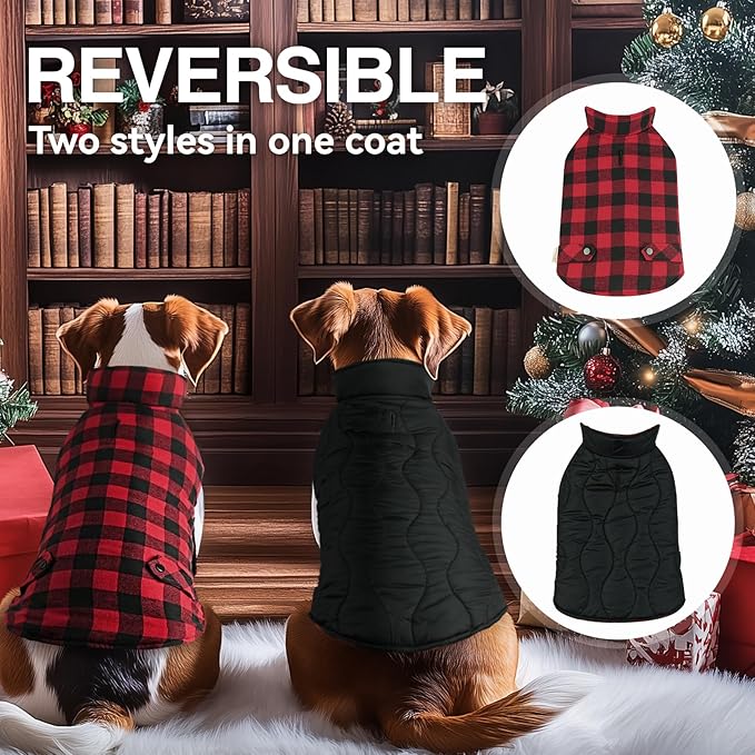 VIVAGLORY Softjoy Dog Coat, Dog Jacket for Winter & Christmas, Coat with Harness Hole & Velcro Closure, Reversible Plaid Checkered Warm Fluffy Heavy Duty for Puppy, XS, Red Black