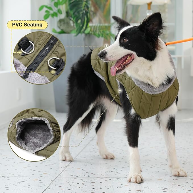 Warm Fleece Dog Coats with Durable Harness Buitl in D-Ring,Waterproof Doggie Jacket for Large Dogs,Dog Vest for Cold Winter,Green XXXL