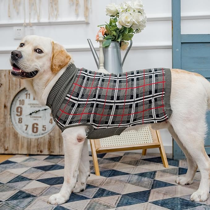 PUPTECK Dog Sweaters for Large Medium Small Dogs - Fall Classic Plaid Style Puppy Holiday Winter Coat Clothes Warm, Grey, XS