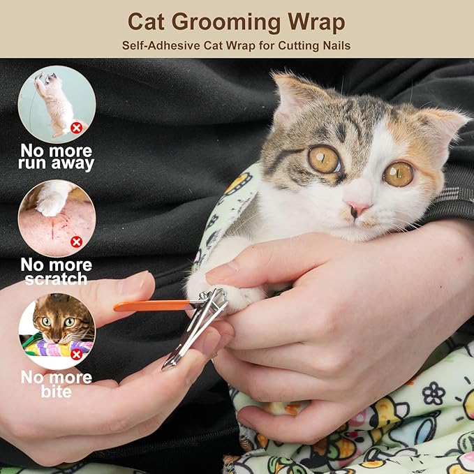 27.6" Large Cat Grooming Wrap – Anti-Escape Cat Wrap for Cutting Nails, Brushing & Medication – Soft, Comfortable, Reusable, Self-Adhering, Holds Cats Up to 15lbs (Cow Corn)