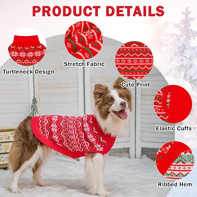 SCENEREAL Dog Sweaters for Large Medium Small Dogs, Soft, Warm Turtleneck Puppy Clothes Sweatshirt, Knitted Ugly Dog Christmas Outfits, Argyle Xmas Pet Cold Weather Coat for Girls Boys