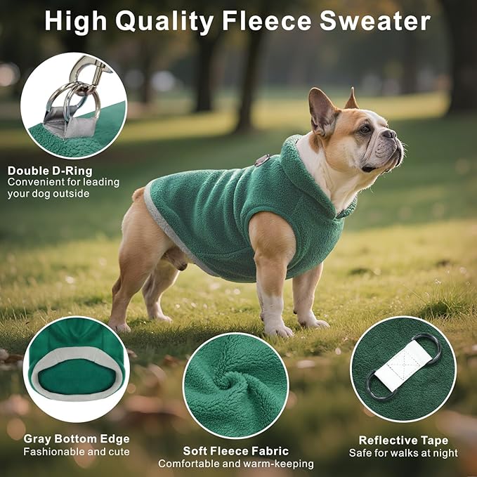 Idepet 2 Pack Dog Fleece Vest Sweater Warm Pullover Jacket with D-Ring Leash Reflective Winter Coat Hoodie for French Bulldog Pug Chihuahuas Yorkies Dachshunds(Dark Green&Grass Green, XX-Large)