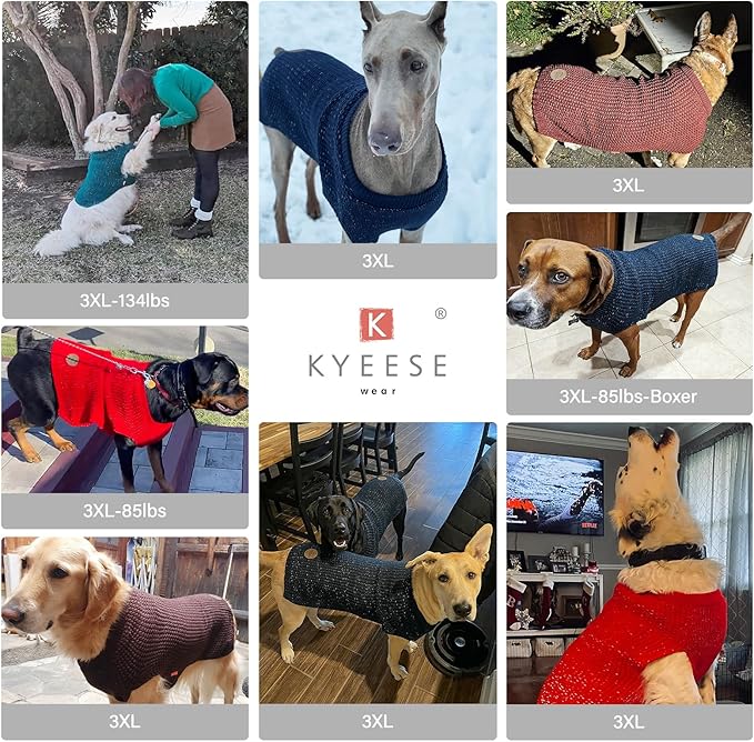 KYEESE Dog Sweater for Large Dogs with Leash Hole Warm Pullover with Reflective Yarn Male Thick Stretchy Knitwear Winter Soft Pet Coat boy for Cold Weather Comfy Dog Sweaters, Dark Red,XXX-Large