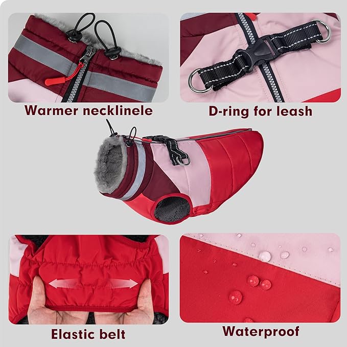 azuza Dog Jacket for Medium Dogs Waterproof Dog Coat with Reflective Strips and Harness Built in Warm Fleece Dogs Winter Coat Windproof with Back Zipper, Red 2XL