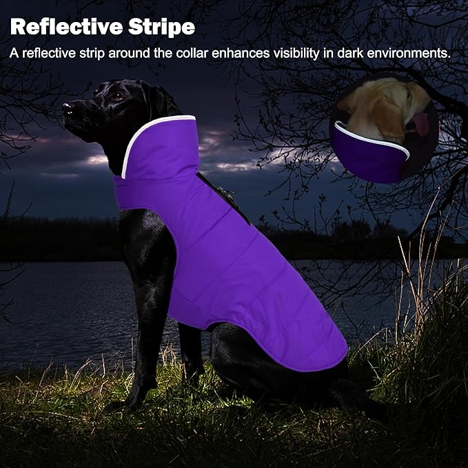 Dog Winter Coat, Waterproof Dog Jacket with Leash Hole, Reflective Adjustable Pet Snow Vest, Warm Fleece Sweater for Small Medium Large Dogs - Purple, 2XL