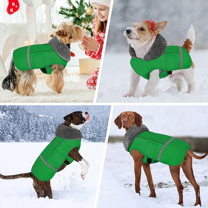 Dogcheer Warm Dog Coat, Waterproof Dog Jacket Christmas Puppy Winter Coat with Buckle, Reflective Adjustable Pet Snow Jacket Turtleneck Fleece Sweater for Small Medium Large Dogs - Green, L