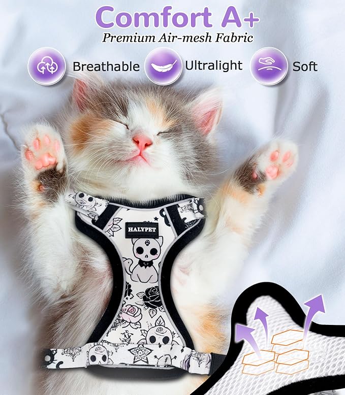 Halypet Cat Harness and Leash Set for Walking, Escape Proof Adjustable Vest Harness with 3-in-1 Integrated Buckles, Easy Control Soft Breathable Mesh with Reflective Strips for Cats, XS,Moonlight Meow