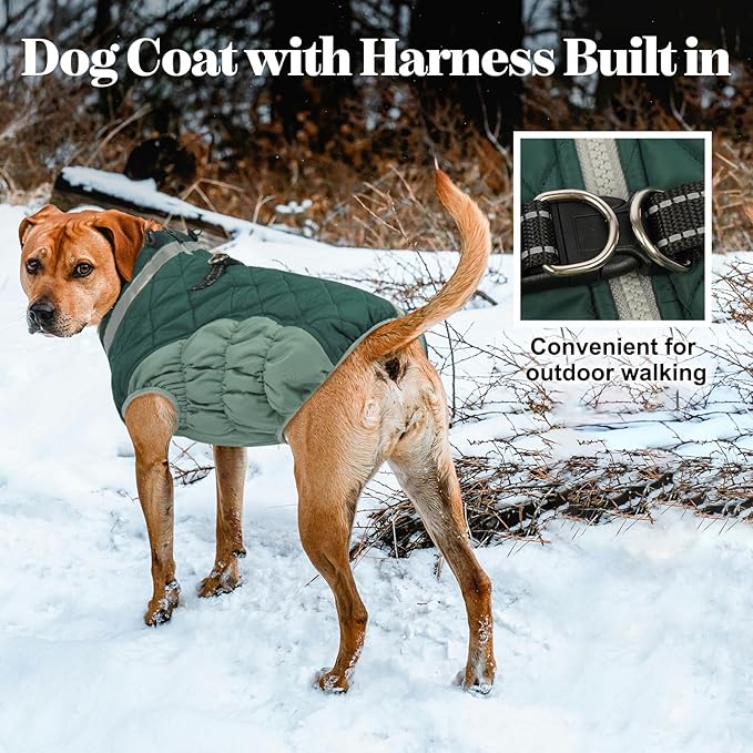 Lelepet Warm Dog Winter Coat Dog Coats for Large Dogs Waterproof Dogs Jacket with Harness Built in Reflective Cold Weather Coats Zip-Up Winter Fleece Vest Snowsuit Boston Terrier Teal Green L