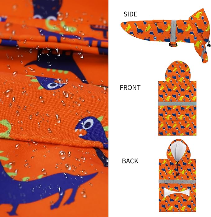 NACOCO Large Dog Raincoat Adjustable - Pet Dinosaurs Water Proof Clothes Lightweight Rain Jacket Poncho Hoodies with Strip Reflective Blue (M, Orange Dinosaur)