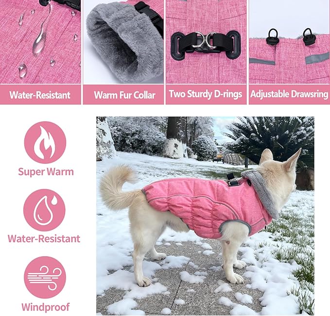 Malier Dog Coat, Reflective Dog Jacket Waterproof Windproof Puppy Cold Weather Coats with Harness Built in, Winter Extra Warm Pet Coat Fleece Vest for Small Large Pets and Puppy (Pink, XX-Large)