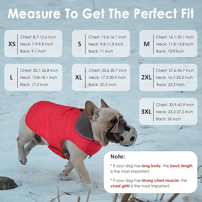 Dog Winter Coat, Waterproof Dog Jacket with Leash Hole, Reflective Adjustable Pet Snow Vest, Warm Fleece Sweater for Small Medium Large Dogs - Red, S