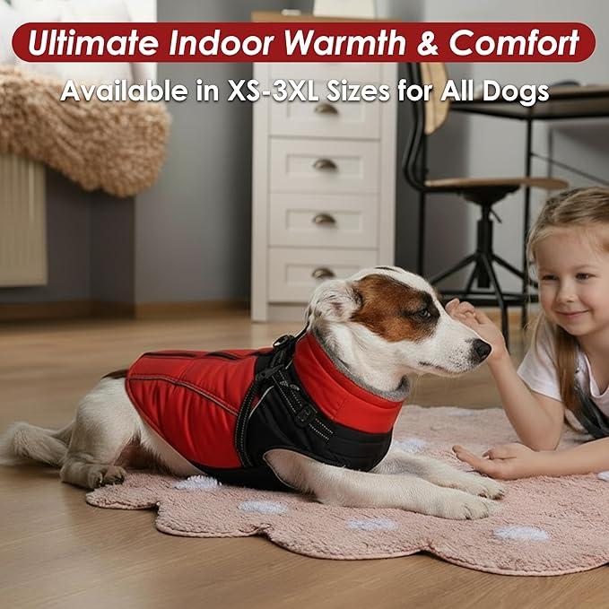 ASENKU Reflective Dog Coat with Built-in Harness, Windproof Fleece-Lined Dog Jacket for Small, Medium, Large Dogs, Warm Winter Vest with Turtleneck & Zipper (Red XL)