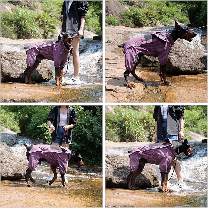 LOVELONGLONG Waterproof Dog Raincoat with Removable Hood – Outdoor Full Body Dog Jacket, Windproof Snowproof Shell Suit – All Season Pet Rain Gear Plum Purple 4XL