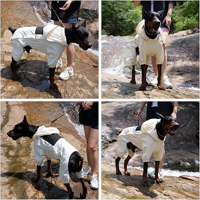 LOVELONGLONG Waterproof Dog Raincoat with Removable Hood – Outdoor Full Body Dog Jacket, Windproof Snowproof Shell Suit – All Season Pet Rain Gear Ivory 3XL