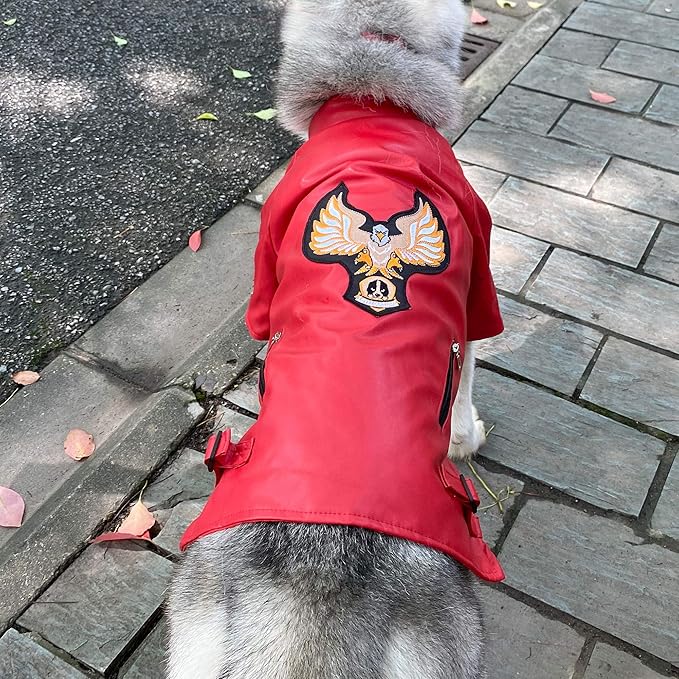 Lovelonglong Cool Dog Leather Jacket, Warm Coats Dogs Windproof Cold Weather Coats for Large Medium Small Dogs with Eagle Embroidery Red L-L