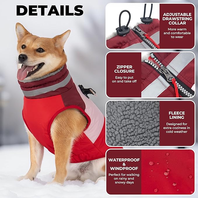Dog Coats for Large Dogs, Reflective Dog Winter Coat Waterproof Windproof Clothes, Warm Cold Weather Dogs Jacket with Harness Built in Turtleneck Snowsuit, Red XXX-Large