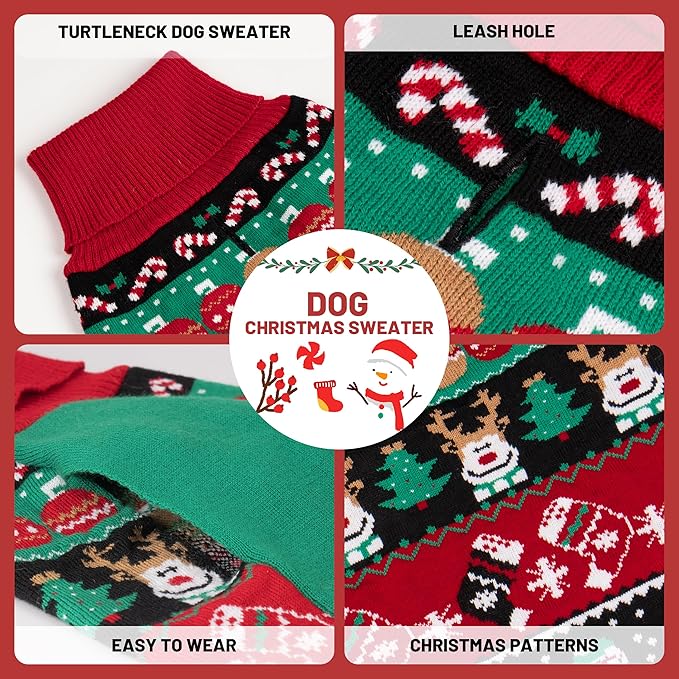 cyeollo Dog Christmas Sweater, Turtleneck Knitted Sweaters with Leash Hole Soft Pullover Clothes, Warm Dog Outfit Xmas Clothes for Small Dog & Cat, S