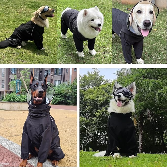 Dog Raincoat for Medium Large Dogs,rain Jacket Coat, Full Leg Coverage Waterproof Rain Suit with Detachable Hood & Tail, Reflective Strips, Snag-Free Top Zipper (Black for Boy, XX-Large)