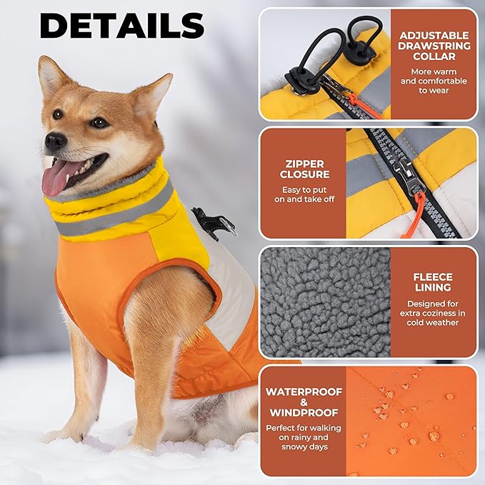 Dog Coats for Large Dogs, Reflective Dog Winter Coat Waterproof Windproof Clothes, Warm Cold Weather Dogs Jacket with Harness Built in Turtleneck Snowsuit, Orange XXX-Large