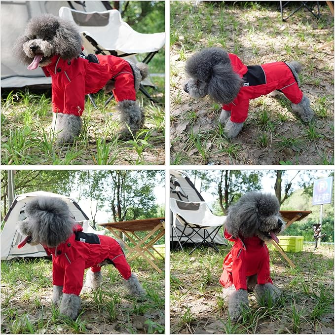 LOVELONGLONG Fleece-Lined Dog Raincoat with Removable Hood – Waterproof Winter Full Body Dog Jacket – Windproof Snowproof Cold-Weather Suit – Red-F 3XL